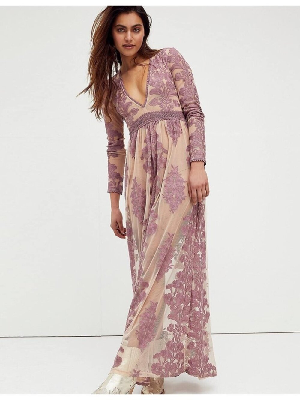 NWT For Love & Lemons Temecula Maxi in Purple Nude Embroidered Mesh Dress S
